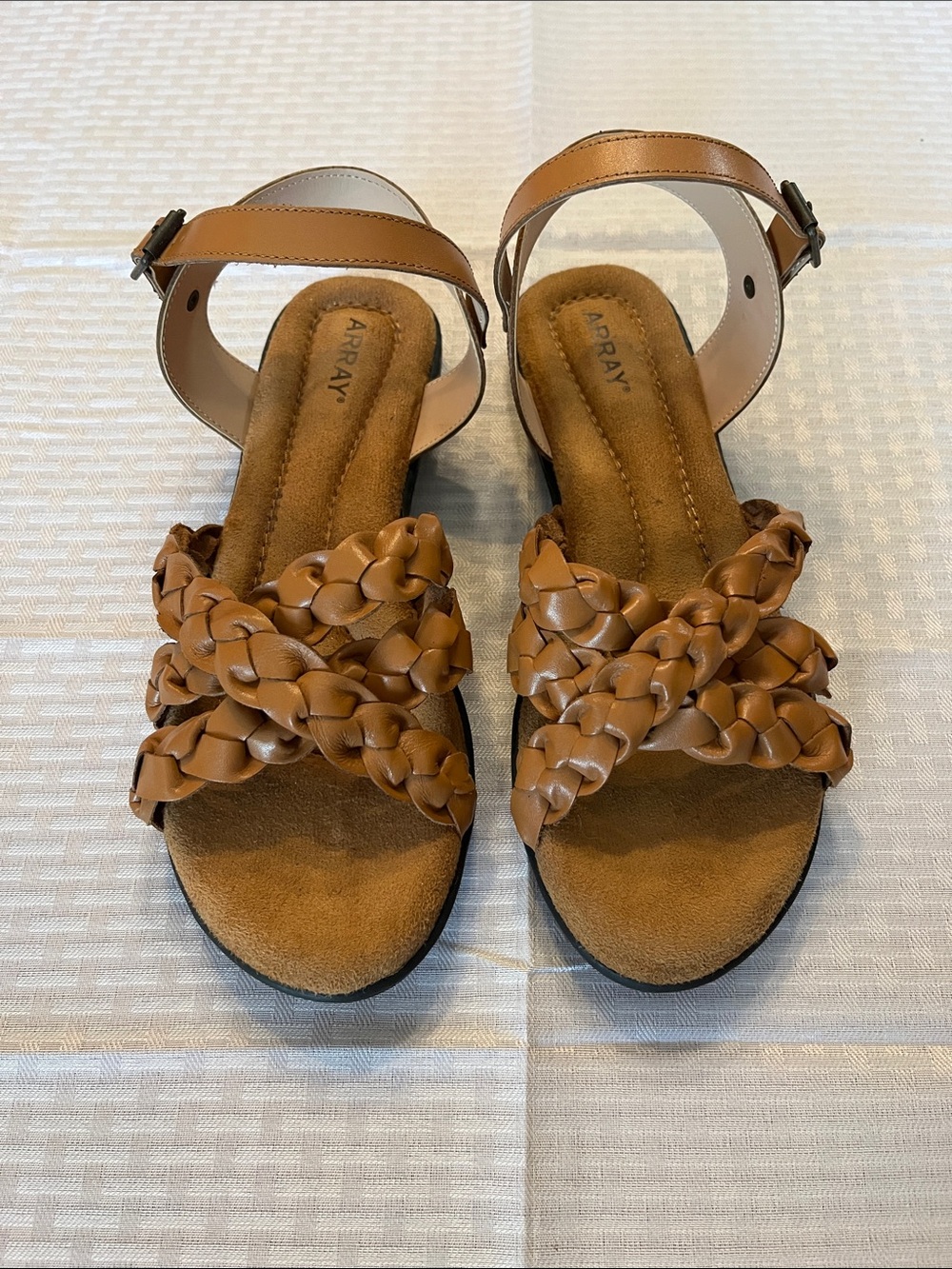 ARRAY Braided Tan Leather Ankle-Strap Sandals